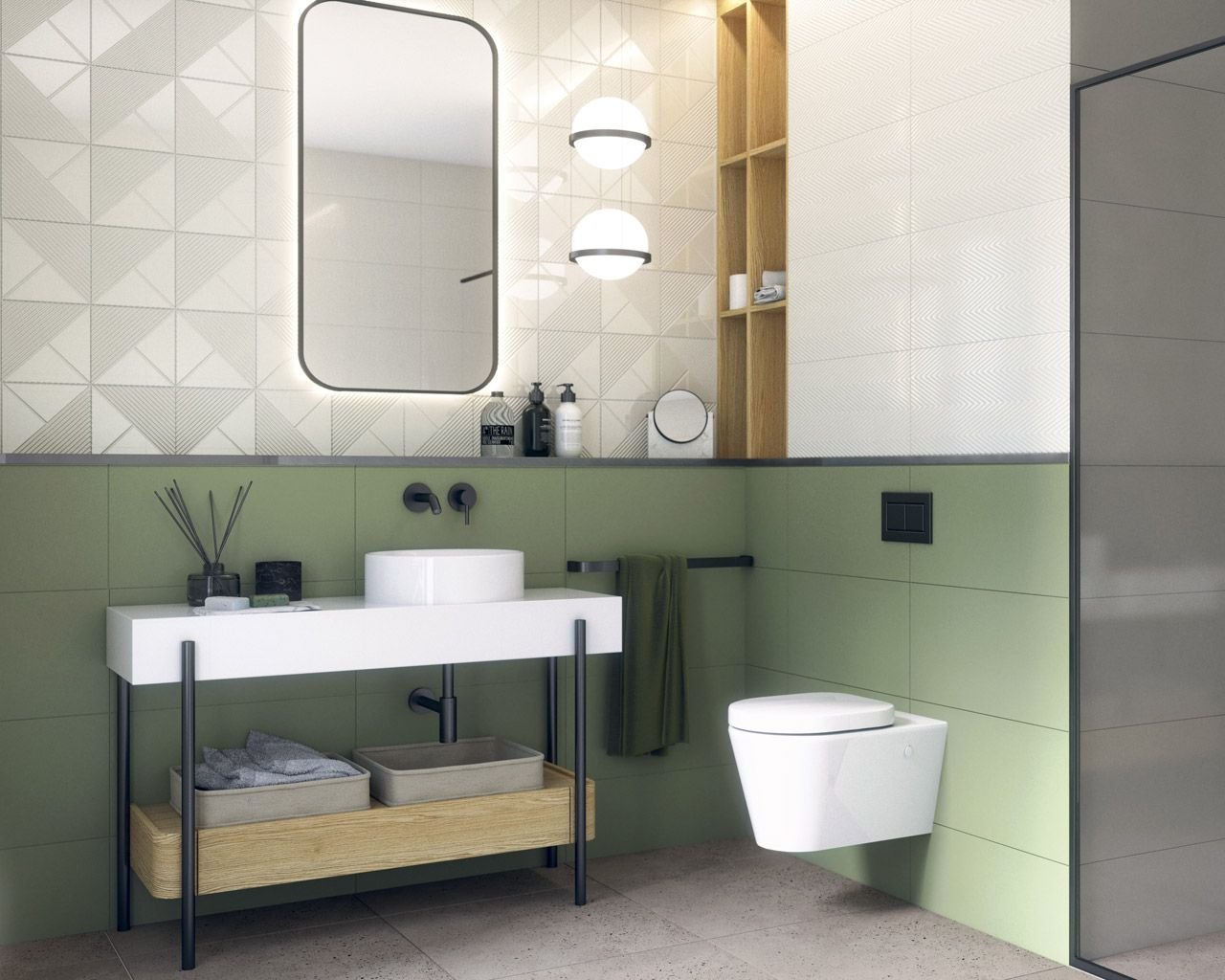 #Koupelna #Moderní styl #bílá #zelená #1000 - 1500 Kč/m2 #700 - 1000 Kč/m2 #Ceramika Paradyz #Feelings