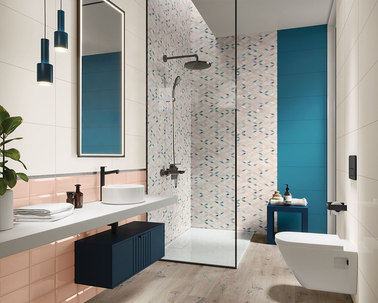 #Koupelna #Moderní styl #bílá #modrá #Velký formát #Matný obklad #500 - 700 Kč/m2 #Ceramika Paradyz #Happines