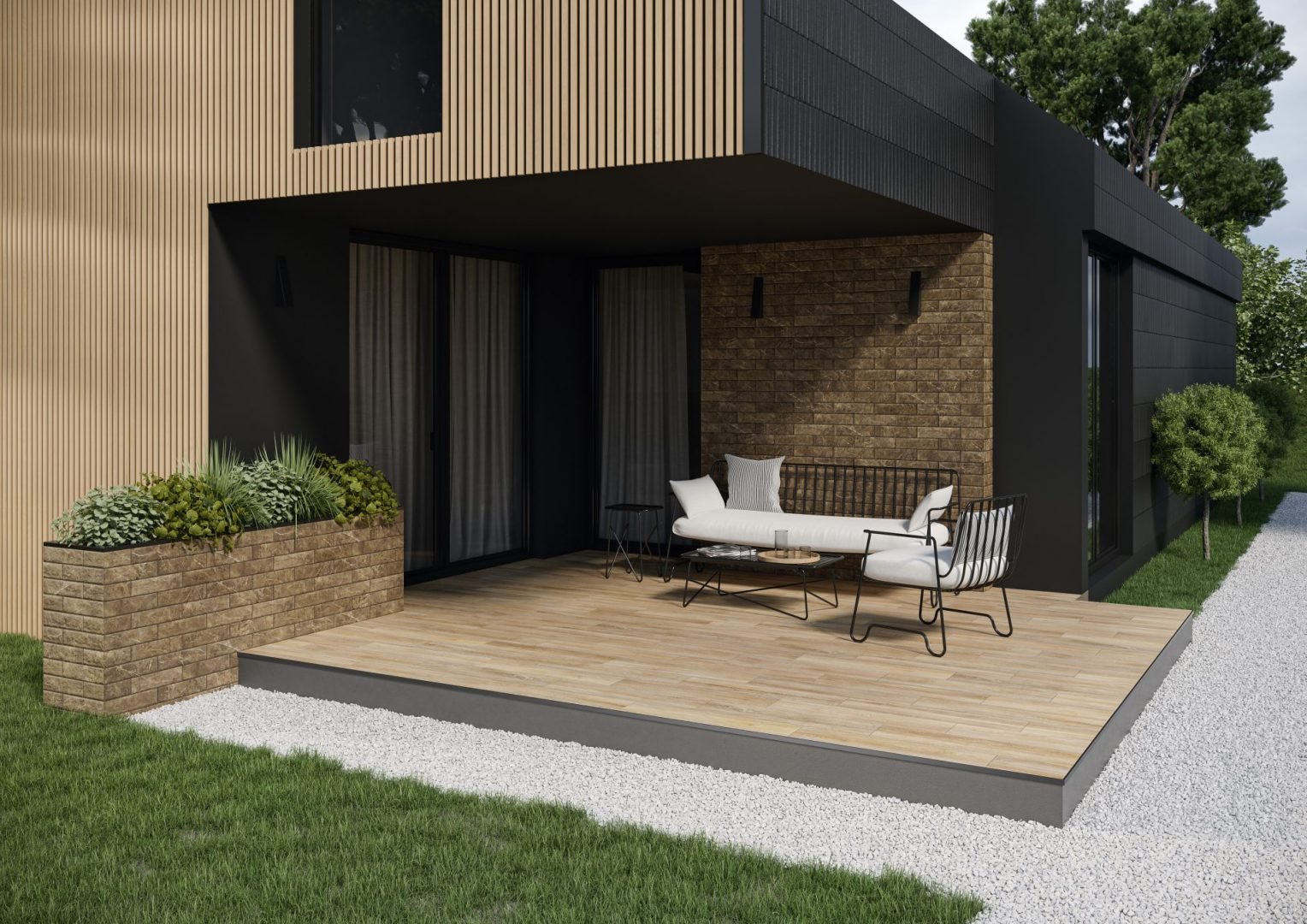 #Fasáda #Koupelna #Kuchyně #Obytné prostory #Terasy a balkony #dřevo #Moderní styl #béžová #hnědá #šedá #Velký formát #Matná dlažba #500 - 700 Kč/m2