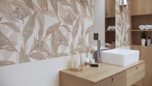 #Koupelna #dřevo #Moderní styl #Naturální styl #hnědá #krémová #Střední formát #Matný obklad #700 - 1000 Kč/m2