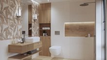 #Koupelna #dřevo #Moderní styl #Naturální styl #hnědá #krémová #Střední formát #Matný obklad #700 - 1000 Kč/m2