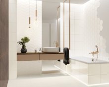 #Koupelna #dřevo #Klasický styl #Naturální styl #bílá #hnědá #Velký formát #Lesklý obklad #Matný obklad #700 - 1000 Kč/m2