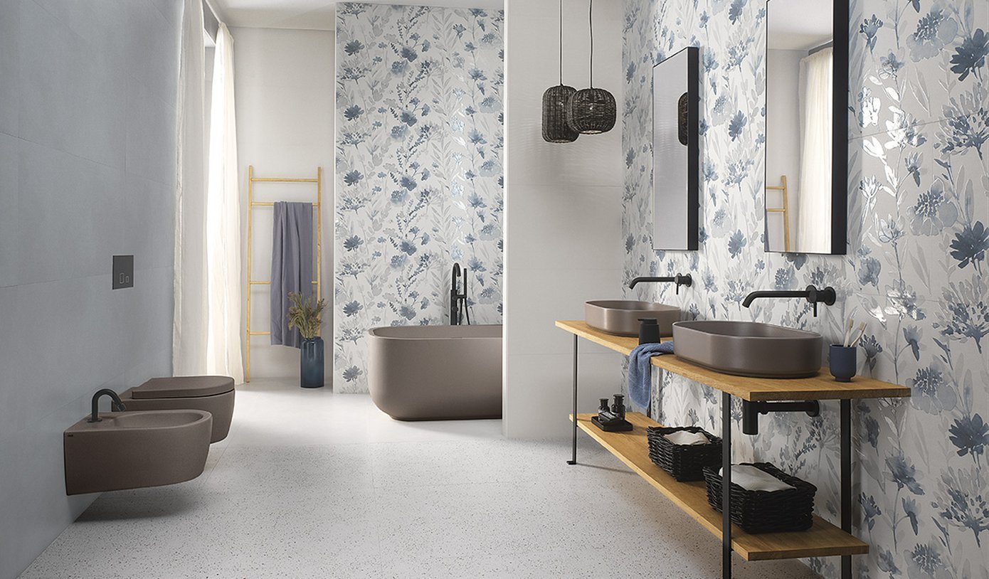 #Koupelna #Moderní styl #béžová #bílá #hnědá #modrá #růžová #šedá #zelená #Extra velký formát #Matný obklad #1500 a výše