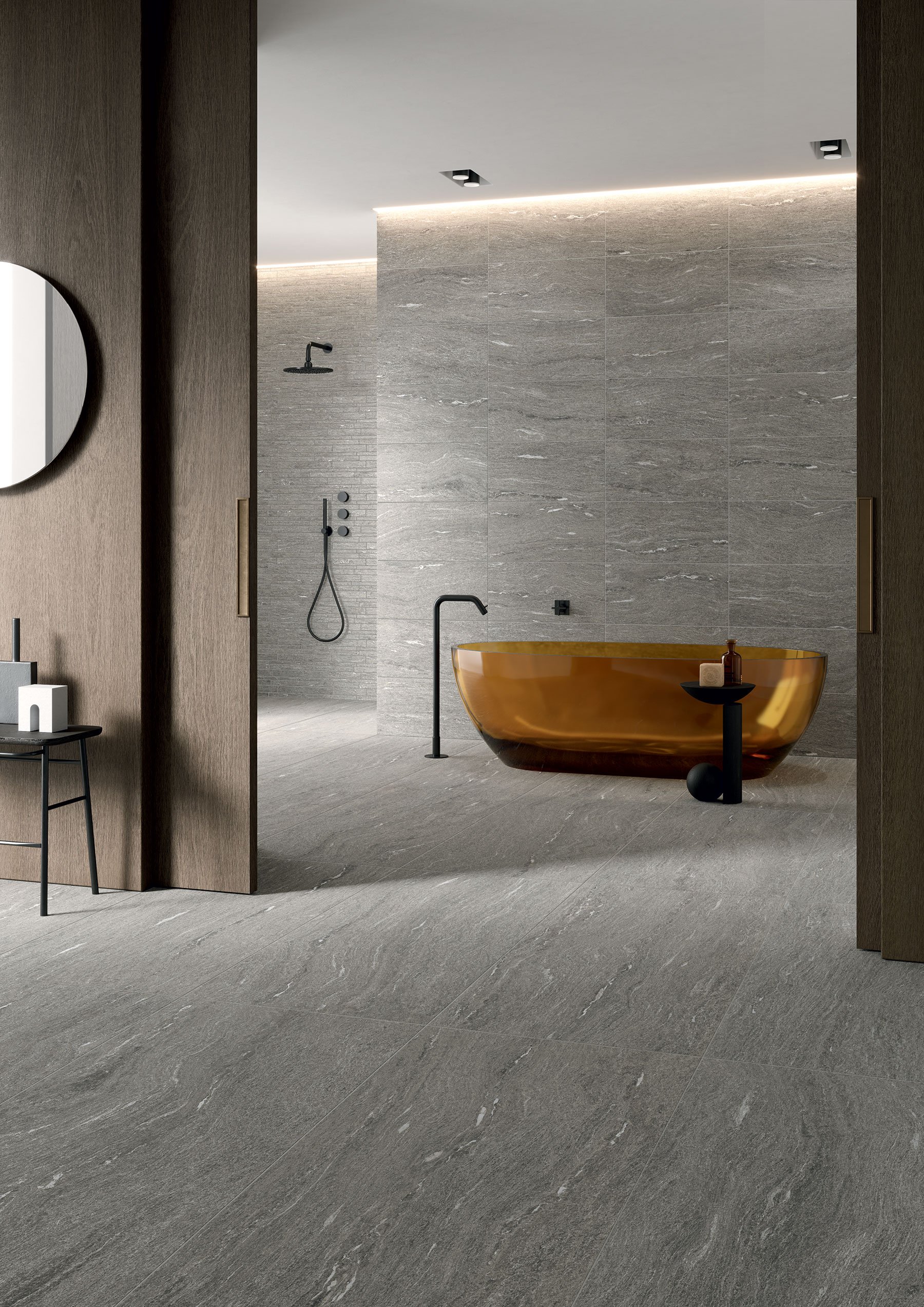 #Koupelna #Obytné prostory #Terasy a balkony #kámen #Klasický styl #šedá #Extra velký formát #Tloušťka 2 cm na terče #Velký formát #Matná dlažba #1000 - 1500 Kč/m2 #1500 a výše