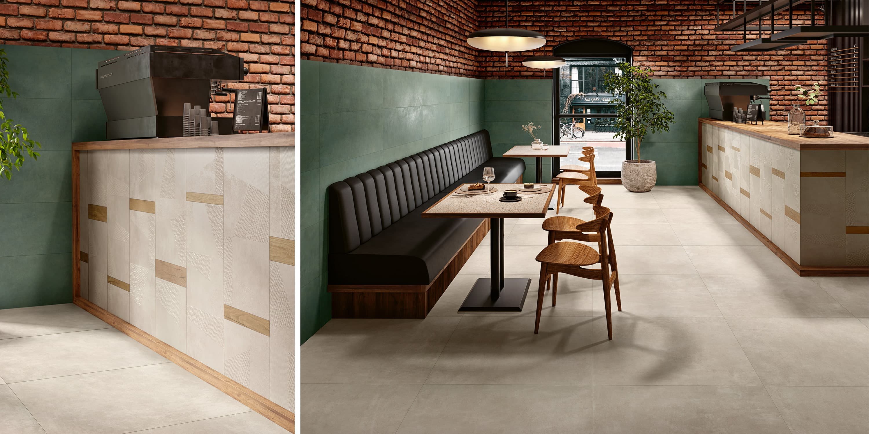 #Koupelna #Kuchyně #Moderní styl #béžová #bílá #oranžová #šedá #zelená #Extra velký formát #Matný obklad #1000 - 1500 Kč/m2