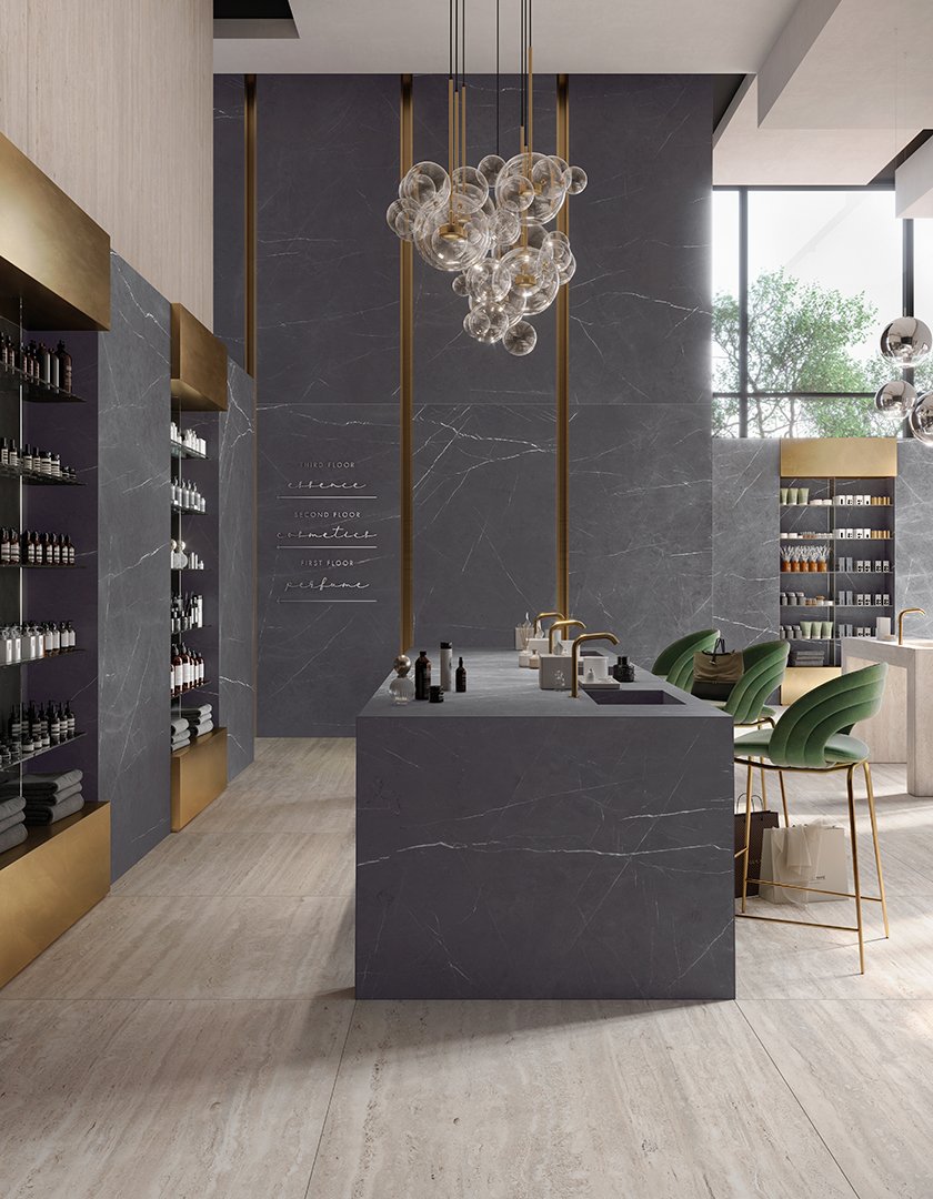 #Obytné prostory #kámen #mramor #Moderní styl #bílá #šedá #zelená #Extra velký formát #Velký formát #Lesklá dlažba #1500 a výše #Ceramic Design #Jolie