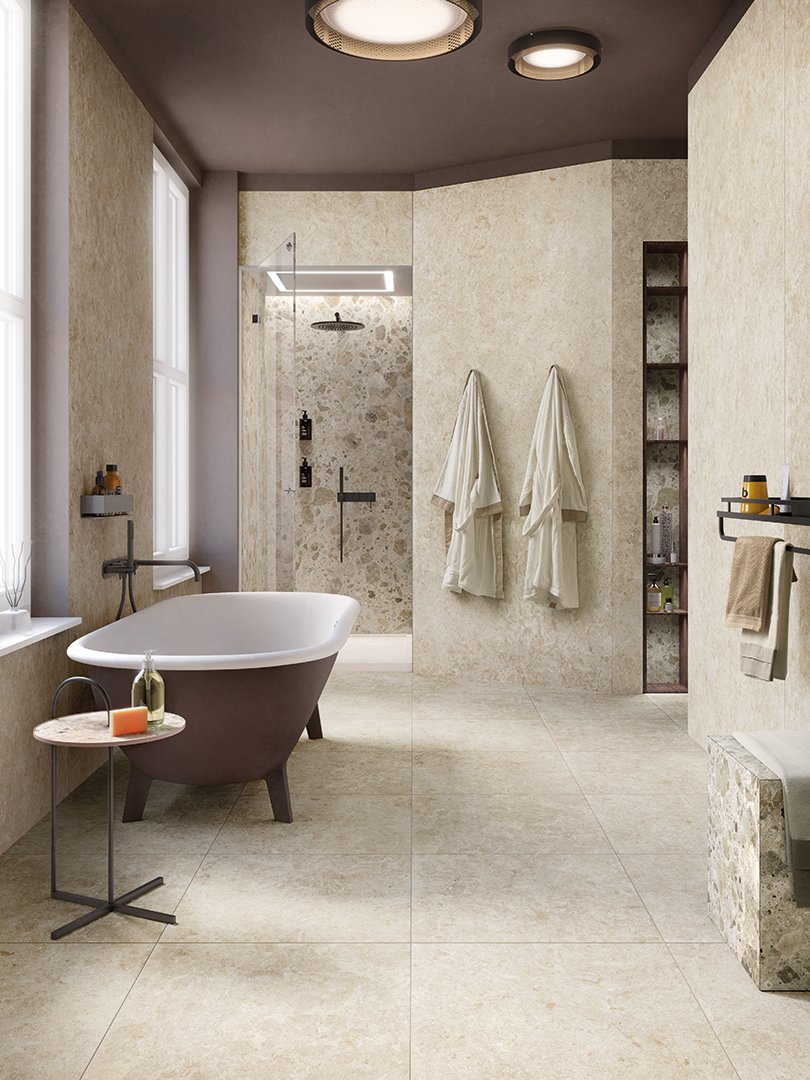 #Koupelna #Kuchyně #Obchody a restaurace #Obytné prostory #beton #kámen #Minimalistický styl #Moderní styl #béžová #bílá #krémová #šedá #Extra velký formát #Velký formát #Matná dlažba #1000 - 1500 Kč/m2 #1500 a výše