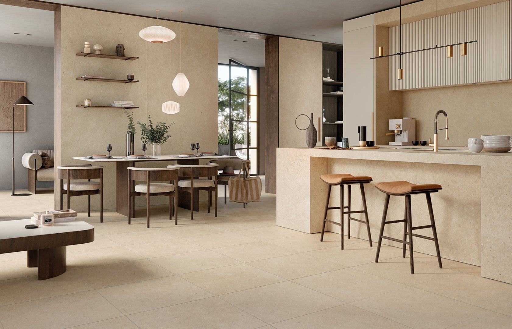 #Koupelna #Kuchyně #Obchody a restaurace #Obytné prostory #beton #kámen #Minimalistický styl #Moderní styl #béžová #bílá #krémová #šedá #Extra velký formát #Velký formát #Matná dlažba #1000 - 1500 Kč/m2 #1500 a výše