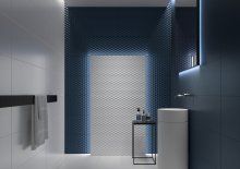 #Koupelna #dřevo #Moderní styl #béžová #bílá #modrá #Extra velký formát #Matný obklad #1000 - 1500 Kč/m2 #Tubadzin #Elle