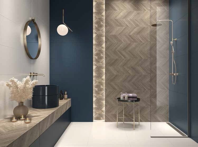 #Koupelna #dřevo #Moderní styl #béžová #bílá #modrá #Extra velký formát #Matný obklad #1000 - 1500 Kč/m2 #Tubadzin #Elle