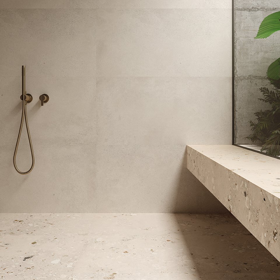 #Koupelna #Obchody a restaurace #Obytné prostory #Terasy a balkony #Venkovní dlažby 2 cm #beton #Moderní styl #béžová #šedá #Extra velký formát #Tloušťka 2 cm na terče #Velký formát #1500 a výše
