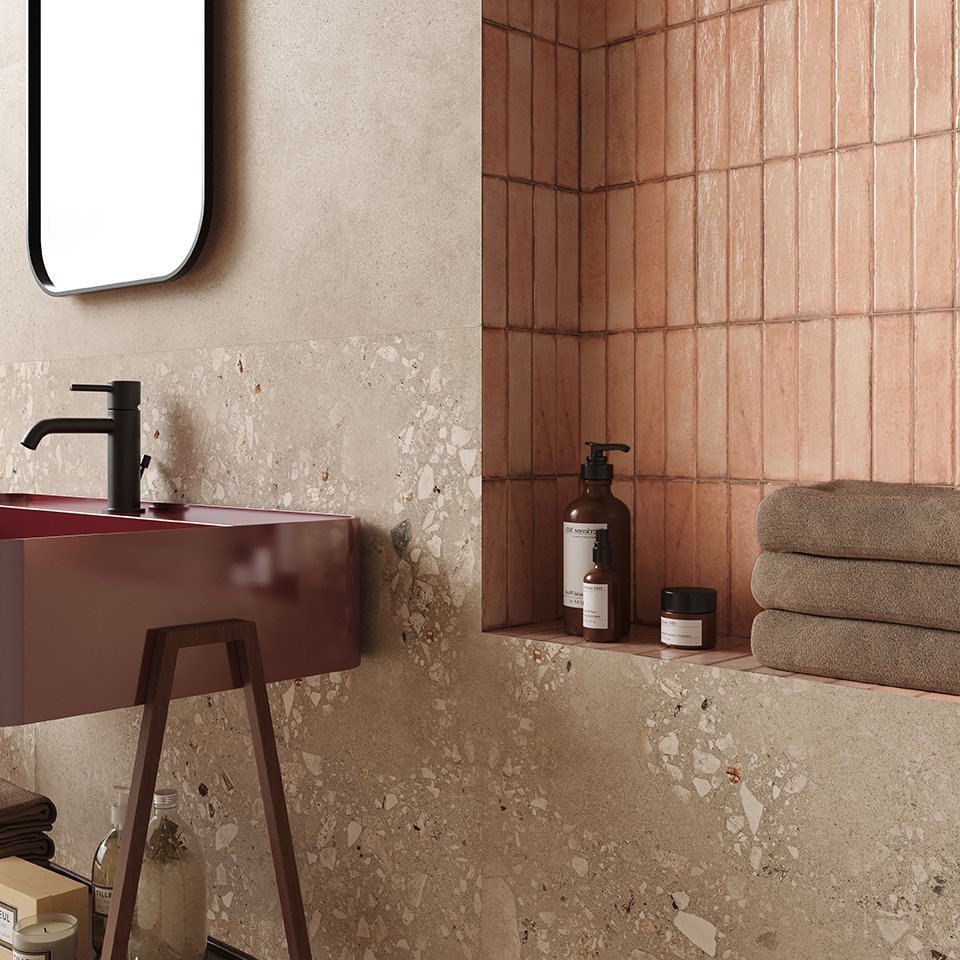 #Koupelna #Obchody a restaurace #Obytné prostory #Terasy a balkony #Venkovní dlažby 2 cm #beton #Moderní styl #béžová #šedá #Extra velký formát #Tloušťka 2 cm na terče #Velký formát #1500 a výše