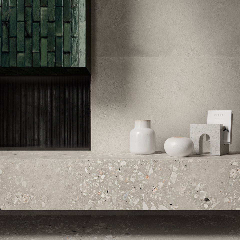 #Koupelna #Obchody a restaurace #Obytné prostory #Terasy a balkony #Venkovní dlažby 2 cm #beton #Moderní styl #béžová #šedá #Extra velký formát #Tloušťka 2 cm na terče #Velký formát #1500 a výše