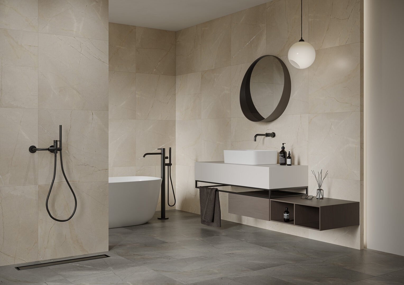 #Koupelna #Obytné prostory #kámen #Moderní styl #béžová #šedá #Velký formát #Matný obklad #350 - 500 Kč/m2 #Cerrad #Westmount