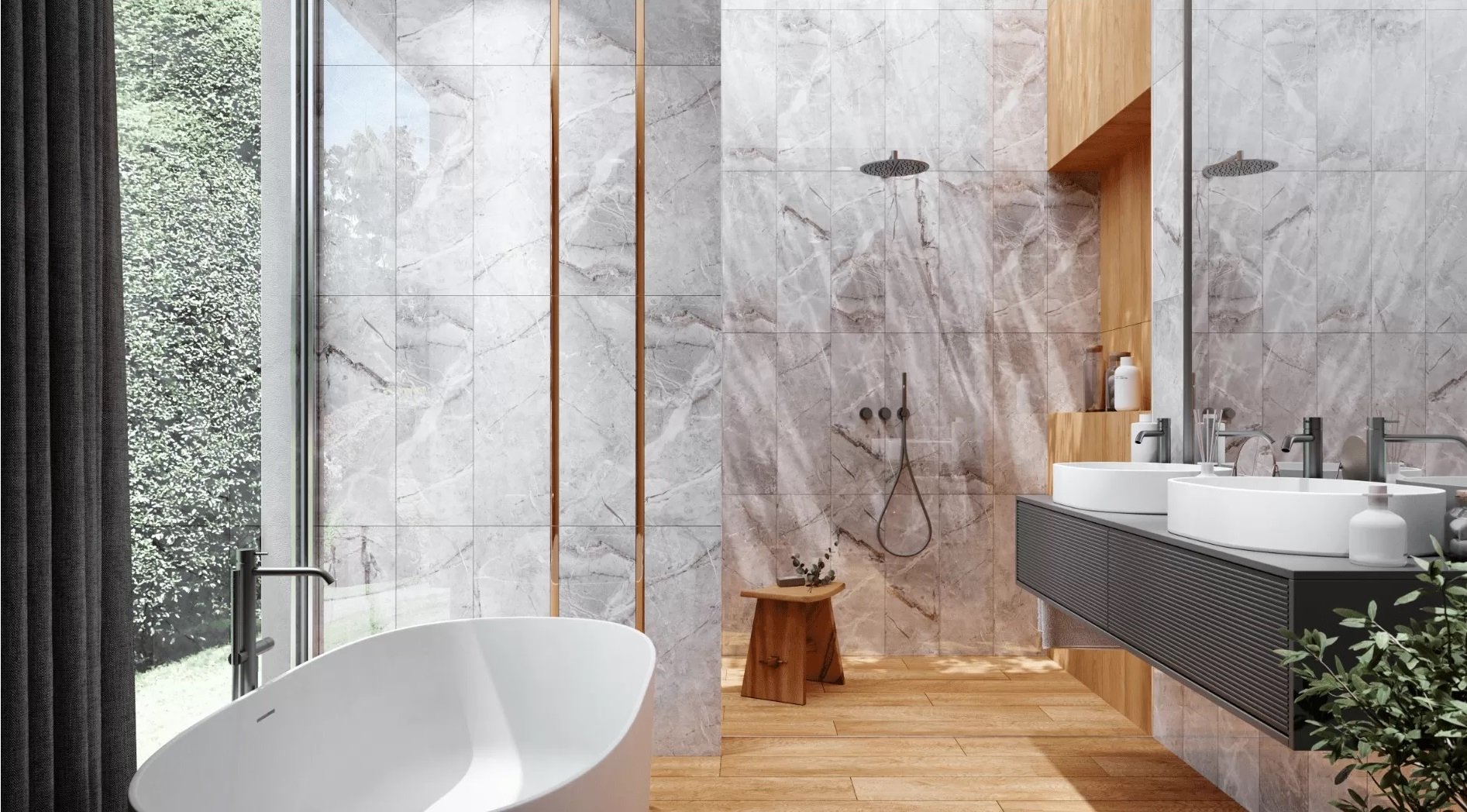 #Koupelna #dřevo #kámen #Moderní styl #béžová #šedá #Velký formát #Lesklý obklad #Matný obklad #500 - 700 Kč/m2