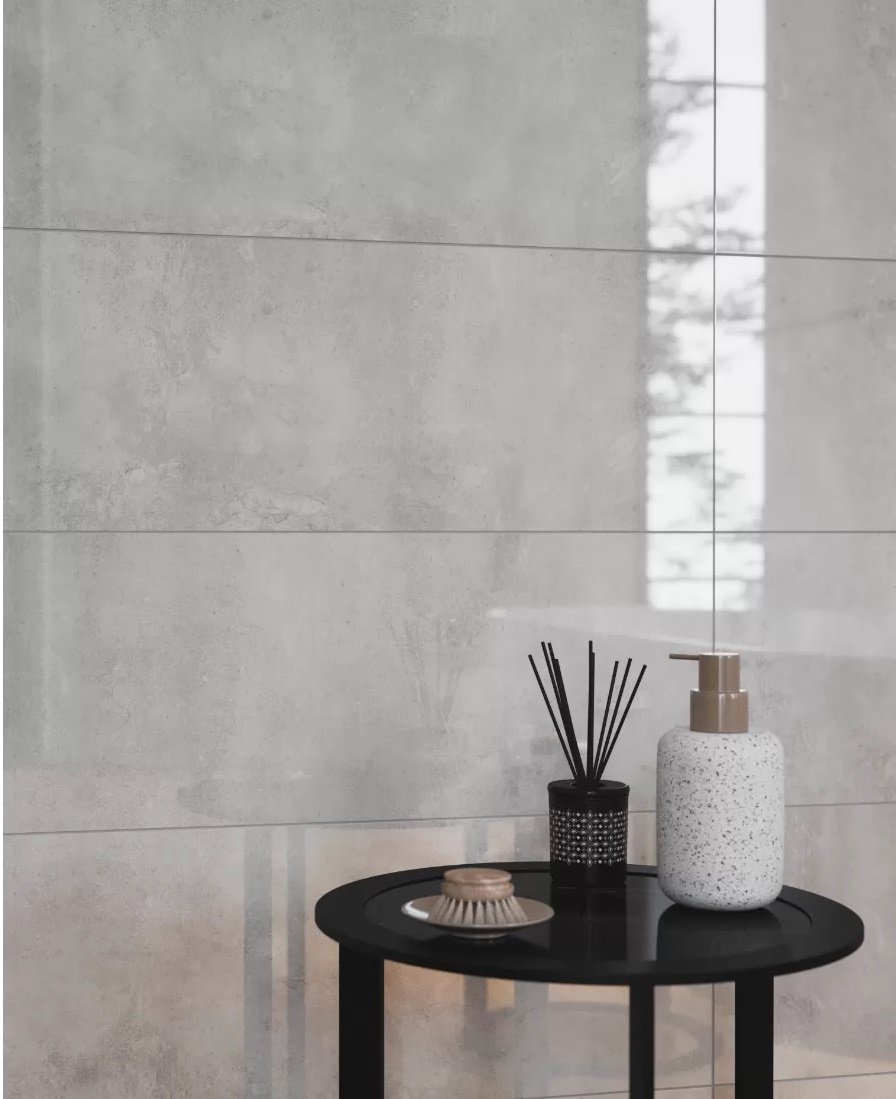 #Koupelna #beton #Moderní styl #šedá #Velký formát #Lesklý obklad #500 - 700 Kč/m2