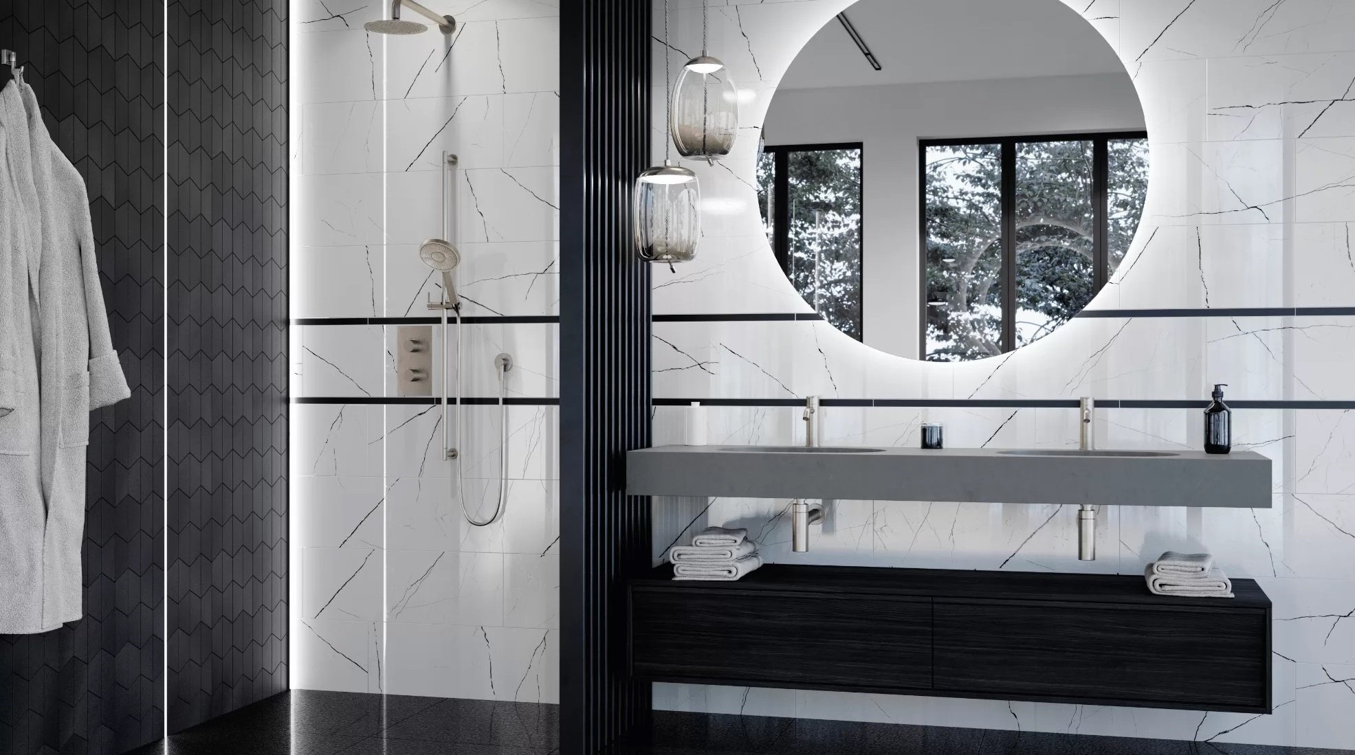 #Koupelna #mramor #Black and White #Klasický styl #bílá #černá #Velký formát #Lesklý obklad #500 - 700 Kč/m2