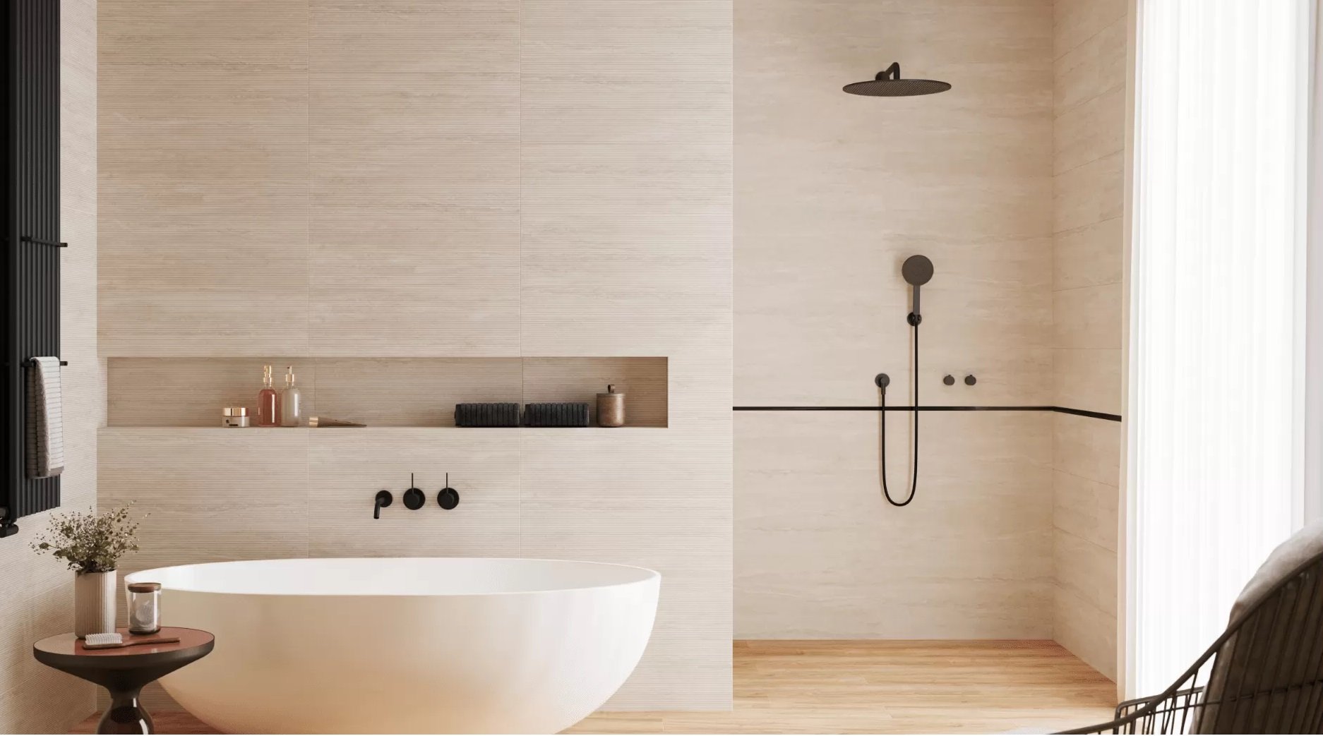 #Koupelna #dřevo #travertin #Moderní styl #béžová #Velký formát #Matný obklad #500 - 700 Kč/m2 #700 - 1000 Kč/m2 #Ceramica Bianca #Travertin