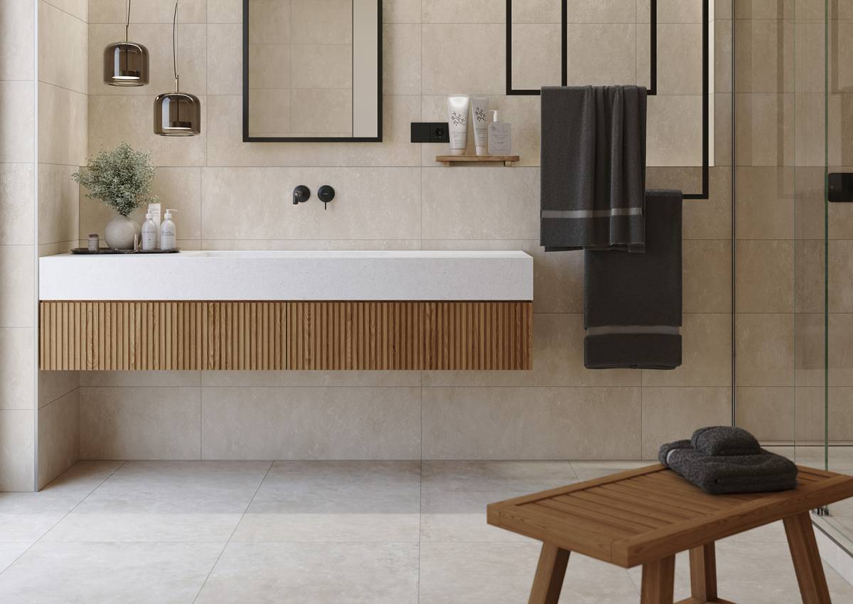 #Koupelna #Obchody a restaurace #Obytné prostory #beton #Moderní styl #béžová #šedá #Extra velký formát #Malý formát #Střední formát #Velký formát #Matná dlažba #Matný obklad #1000 - 1500 Kč/m2 #500 - 700 Kč/m2 #700 - 1000 Kč/m2