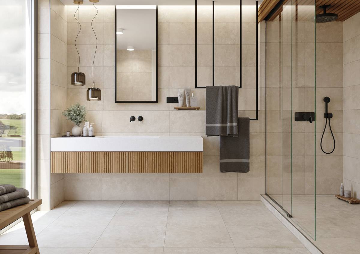 #Koupelna #Obchody a restaurace #Obytné prostory #beton #Moderní styl #béžová #šedá #Extra velký formát #Malý formát #Střední formát #Velký formát #Matná dlažba #Matný obklad #1000 - 1500 Kč/m2 #500 - 700 Kč/m2 #700 - 1000 Kč/m2