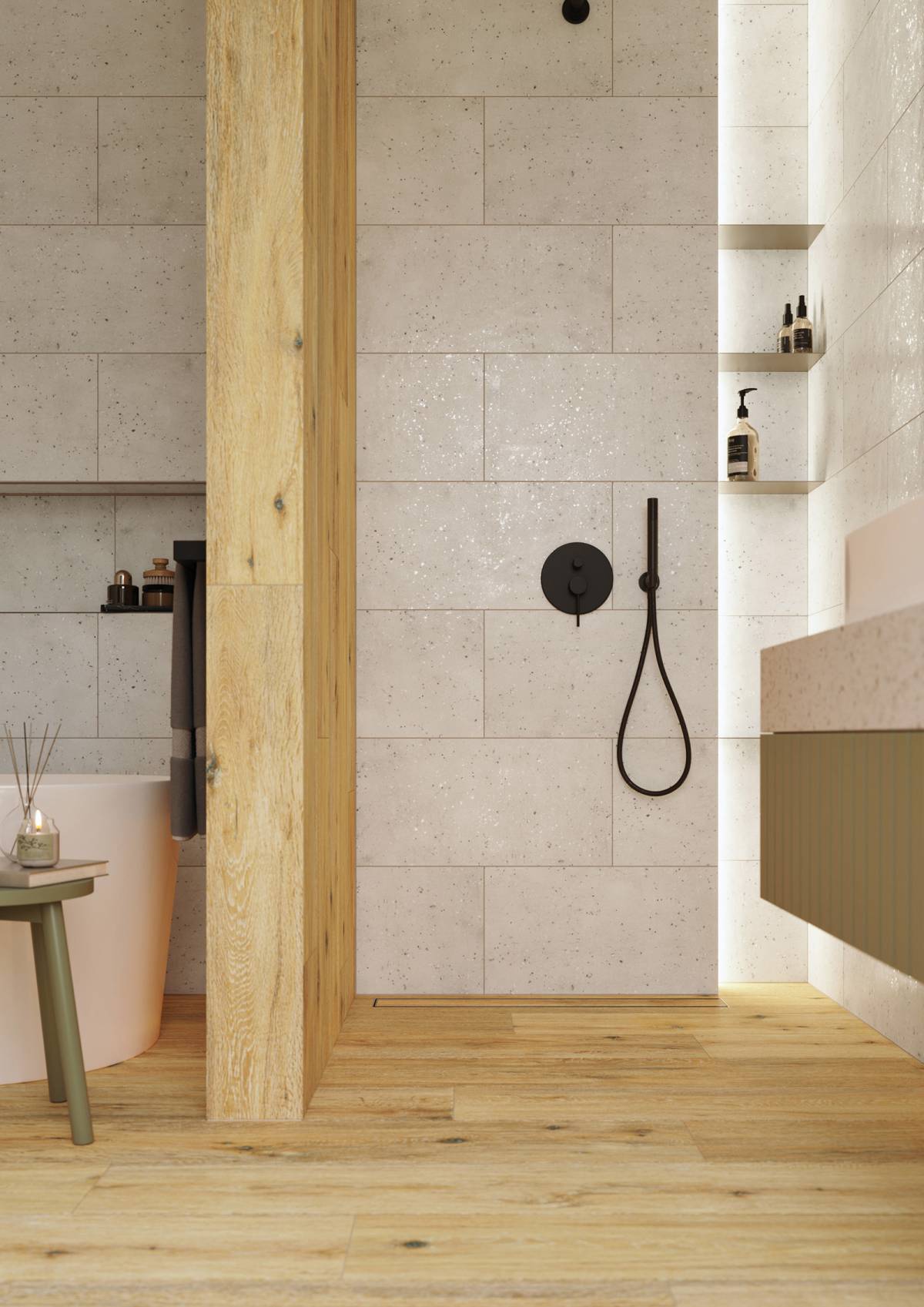 #Koupelna #Obytné prostory #dřevo #terrazzo #Moderní styl #béžová #hnědá #Extra velký formát #Velký formát #Lesklý obklad #Matná dlažba #500 - 700 Kč/m2 #700 - 1000 Kč/m2 #RAKO #Pino