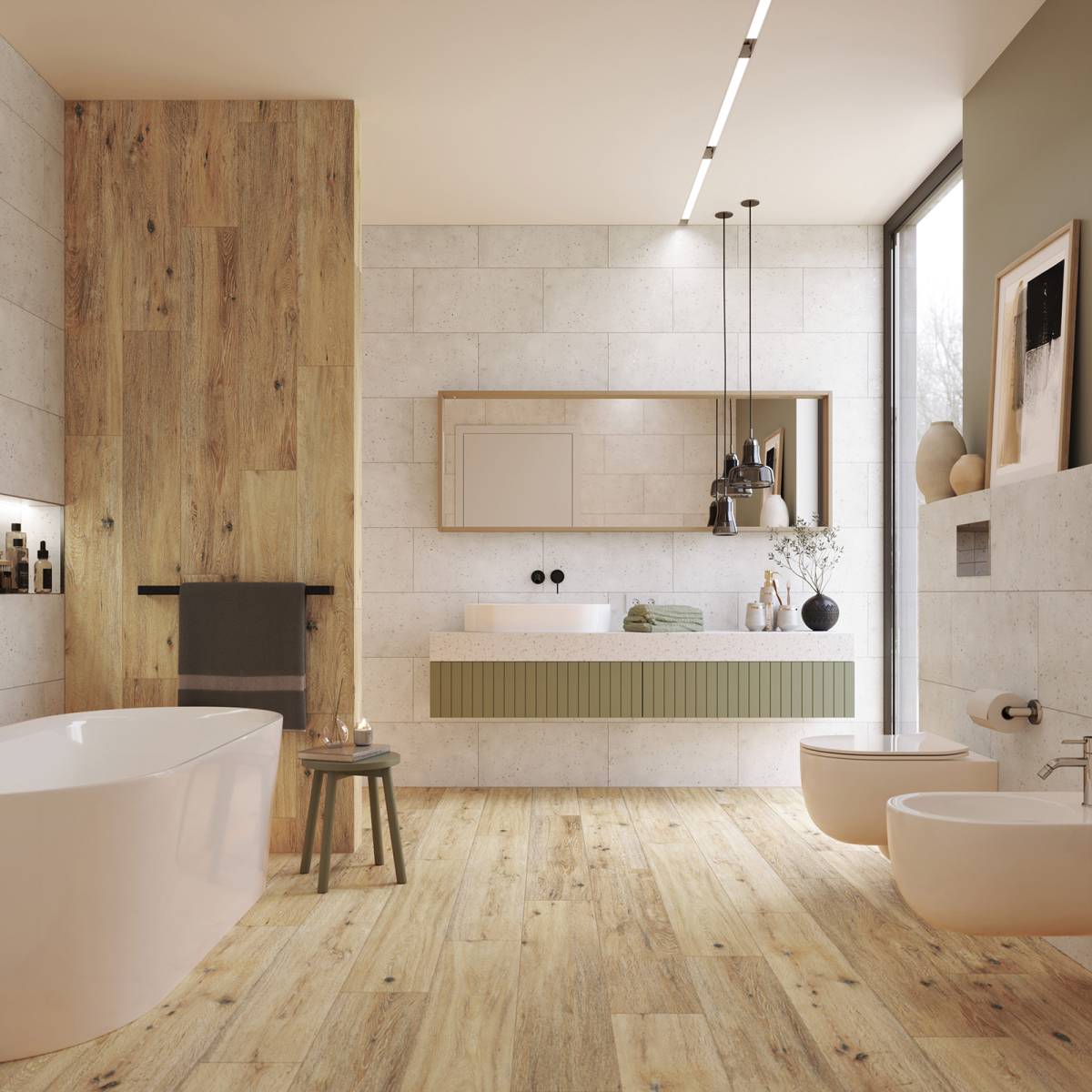 #Koupelna #Obytné prostory #dřevo #terrazzo #Moderní styl #béžová #hnědá #Extra velký formát #Velký formát #Lesklý obklad #Matná dlažba #500 - 700 Kč/m2 #700 - 1000 Kč/m2 #RAKO #Pino