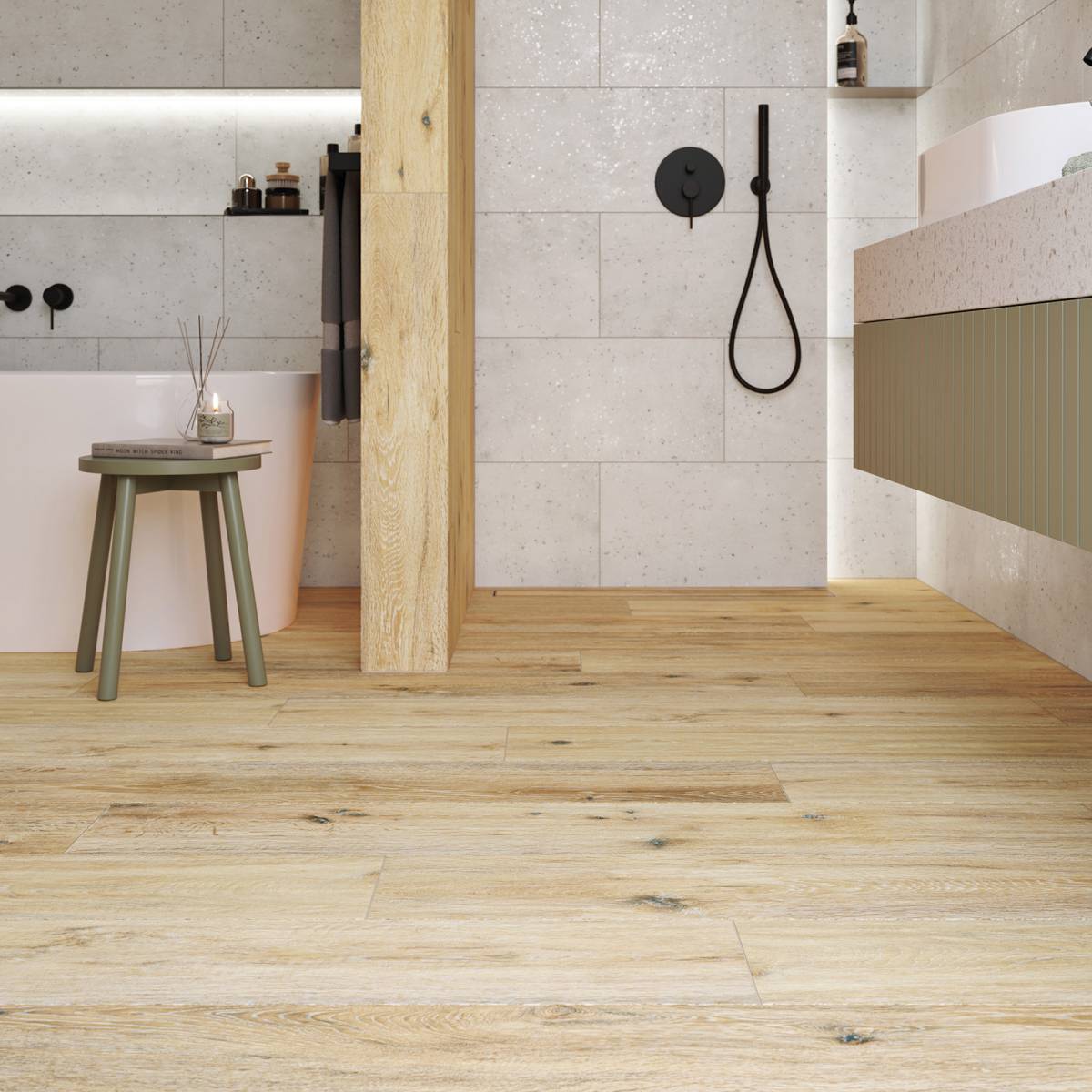 #Koupelna #Obytné prostory #dřevo #terrazzo #Moderní styl #béžová #hnědá #Extra velký formát #Velký formát #Lesklý obklad #Matná dlažba #500 - 700 Kč/m2 #700 - 1000 Kč/m2 #RAKO #Pino