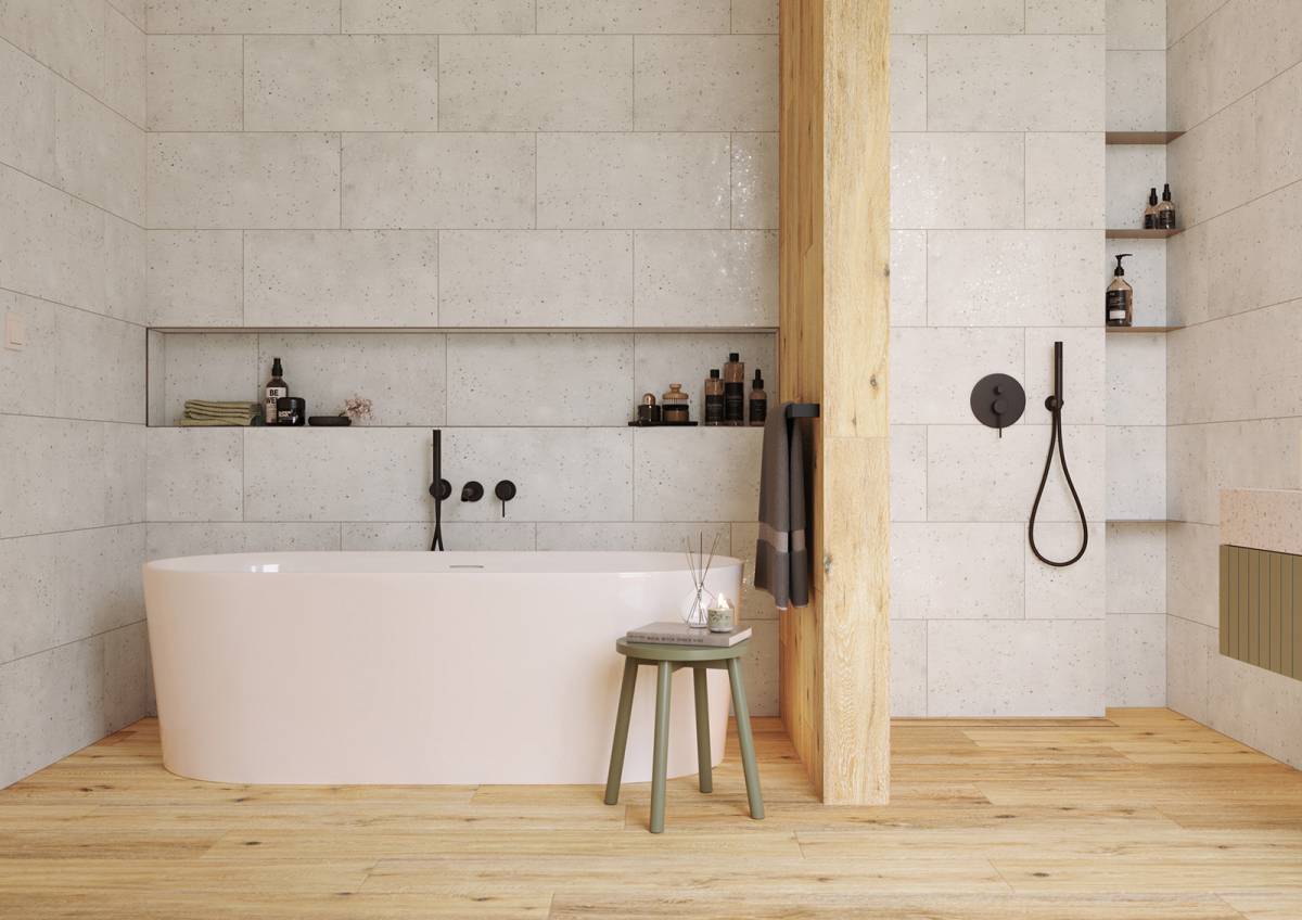 #Koupelna #Obytné prostory #dřevo #terrazzo #Moderní styl #béžová #hnědá #Extra velký formát #Velký formát #Lesklý obklad #Matná dlažba #500 - 700 Kč/m2 #700 - 1000 Kč/m2 #RAKO #Pino
