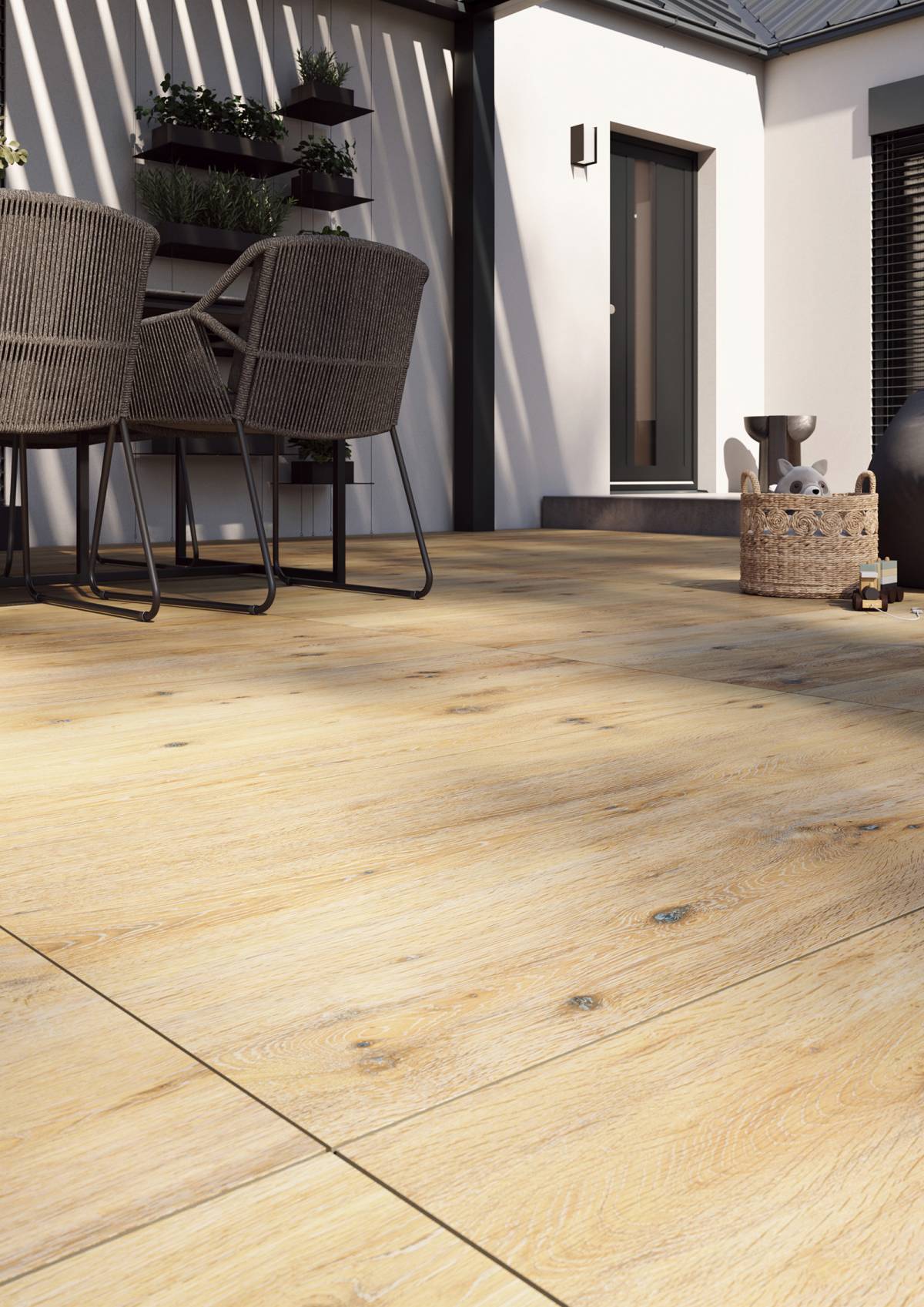 #Terasy a balkony #Venkovní dlažby 2 cm #dřevo #Moderní styl #béžová #hnědá #Extra velký formát #Tloušťka 2 cm na terče #Matná dlažba #1000 - 1500 Kč/m2