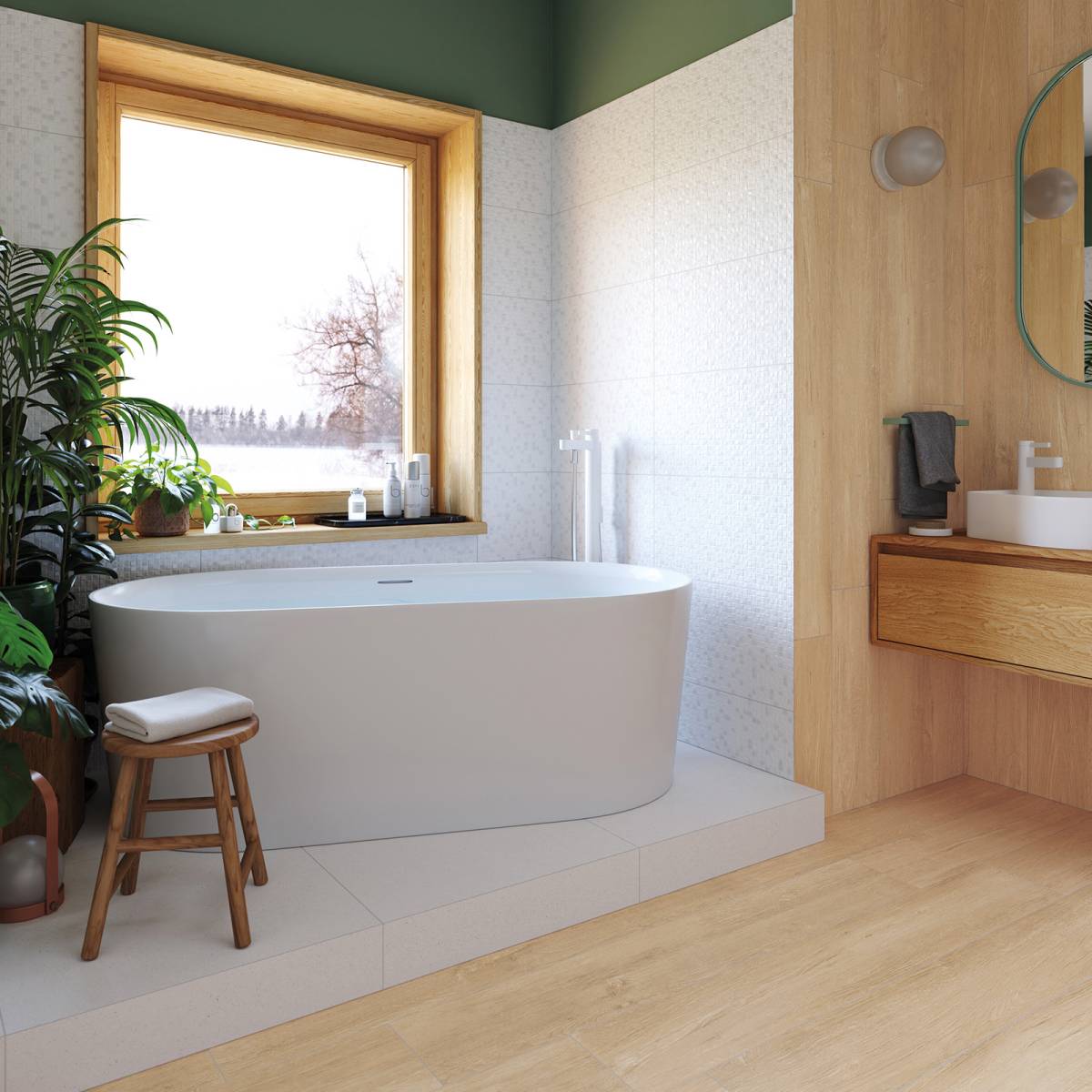 #Koupelna #Obytné prostory #dřevo #Moderní styl #Naturální styl #béžová #hnědá #šedá #Extra velký formát #Matná dlažba #Matný obklad #700 - 1000 Kč/m2