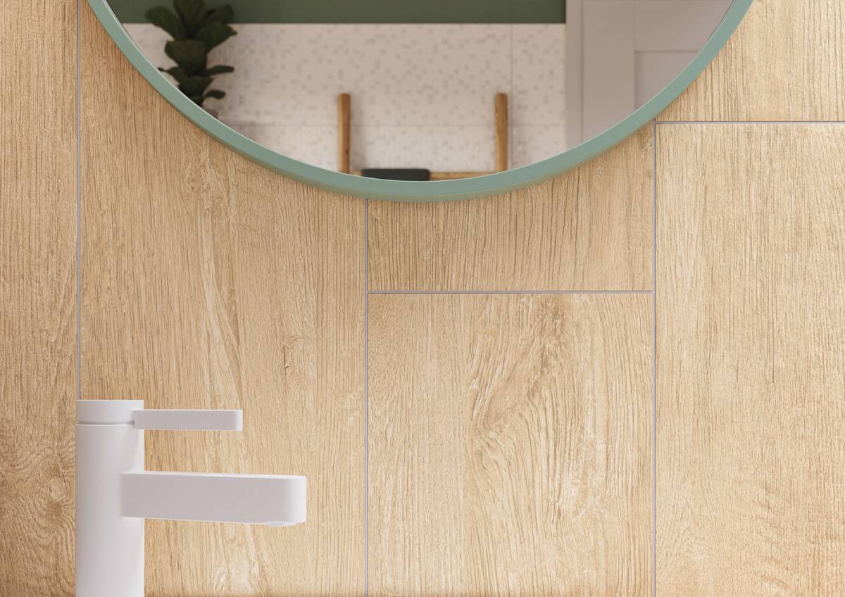 #Koupelna #Obytné prostory #dřevo #Moderní styl #Naturální styl #béžová #hnědá #šedá #Extra velký formát #Matná dlažba #Matný obklad #700 - 1000 Kč/m2