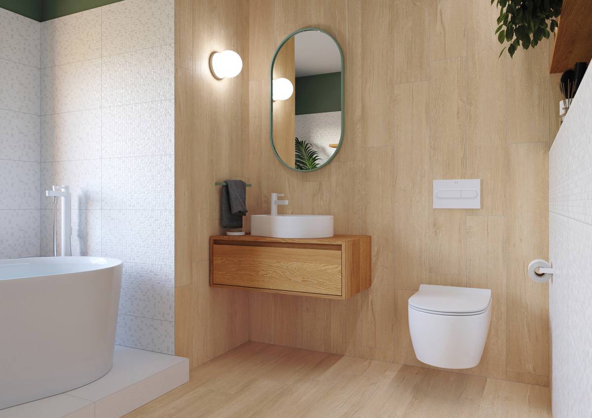 #Koupelna #Obytné prostory #dřevo #Moderní styl #Naturální styl #béžová #hnědá #šedá #Extra velký formát #Matná dlažba #Matný obklad #700 - 1000 Kč/m2