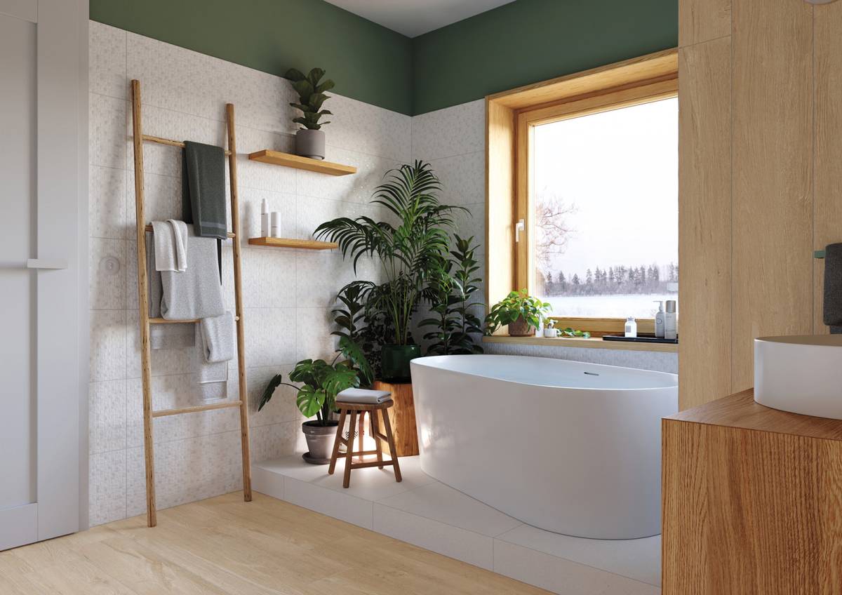 #Koupelna #Obytné prostory #dřevo #Moderní styl #Naturální styl #béžová #hnědá #šedá #Extra velký formát #Matná dlažba #Matný obklad #700 - 1000 Kč/m2