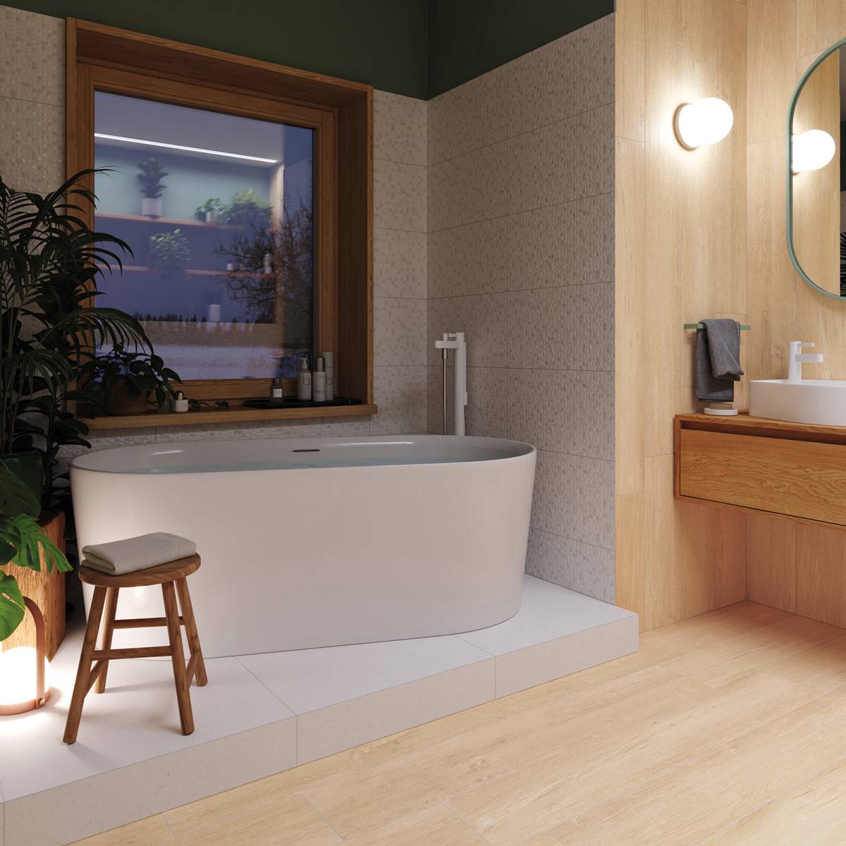 #Koupelna #Obytné prostory #dřevo #Moderní styl #Naturální styl #béžová #hnědá #šedá #Extra velký formát #Matná dlažba #Matný obklad #700 - 1000 Kč/m2