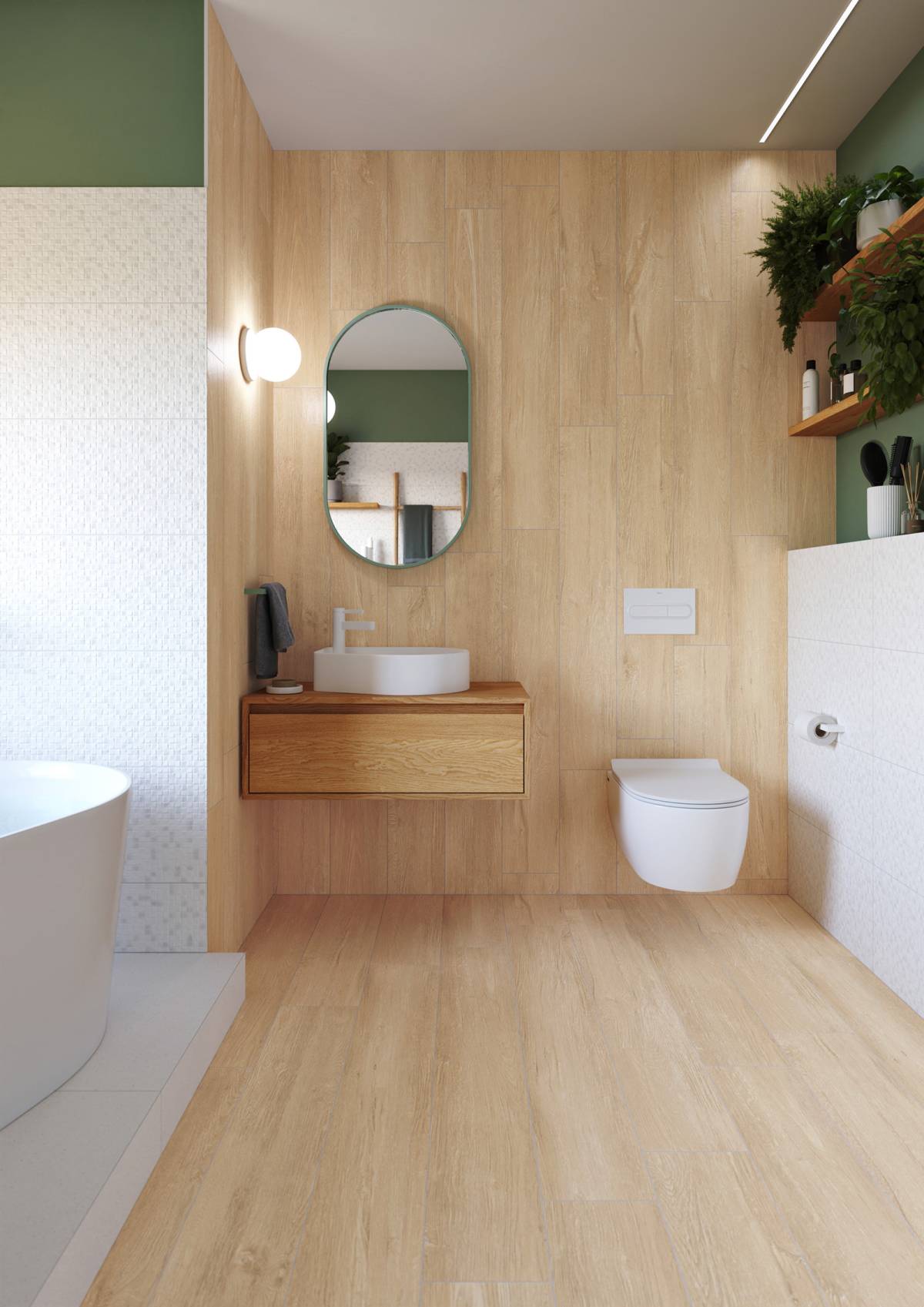 #Koupelna #Obytné prostory #dřevo #Moderní styl #Naturální styl #béžová #hnědá #šedá #Extra velký formát #Matná dlažba #Matný obklad #700 - 1000 Kč/m2