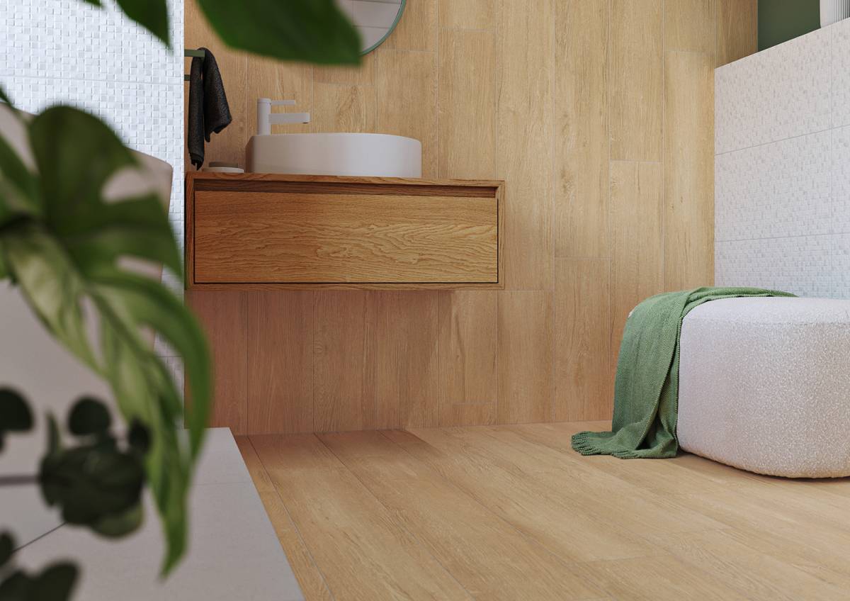 #Koupelna #Obytné prostory #dřevo #Moderní styl #Naturální styl #béžová #hnědá #šedá #Extra velký formát #Matná dlažba #Matný obklad #700 - 1000 Kč/m2
