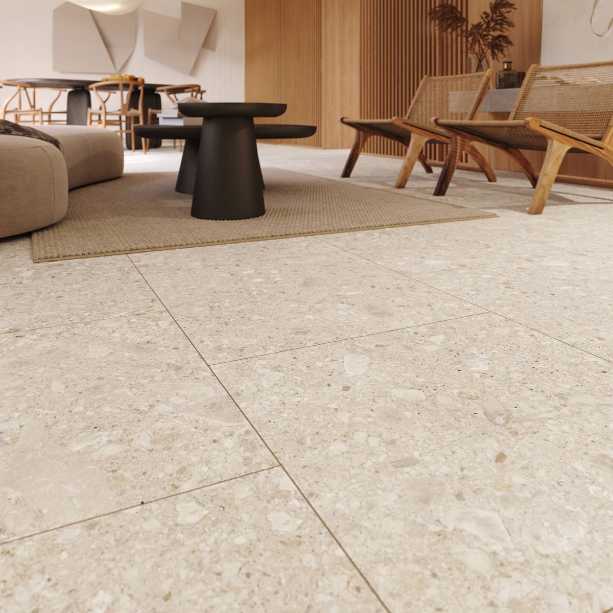 #Koupelna #Obytné prostory #terrazzo #Moderní styl #béžová #šedá #Extra velký formát #Střední formát #Velký formát #Matná dlažba #1000 - 1500 Kč/m2 #500 - 700 Kč/m2 #700 - 1000 Kč/m2 #RAKO #Rave