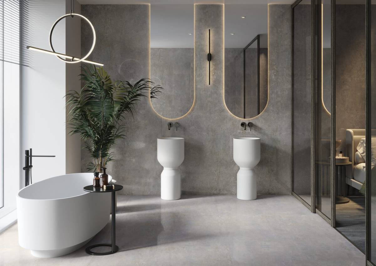 #Koupelna #Obytné prostory #beton #Moderní styl #krémová #šedá #Extra velký formát #Velký formát #Lapovaná dlažba #Matná dlažba #1000 - 1500 Kč/m2 #1500 a výše #700 - 1000 Kč/m2