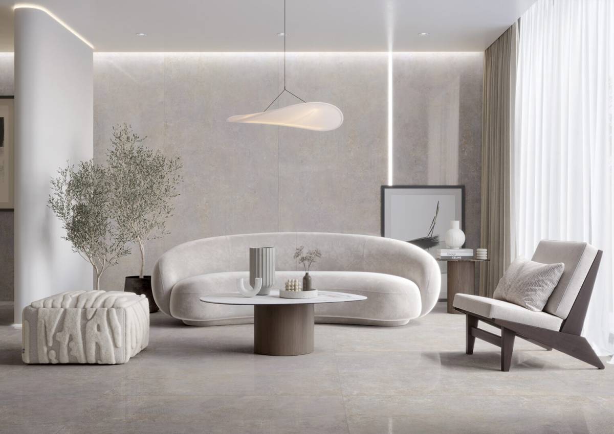 #Koupelna #Obytné prostory #beton #Moderní styl #krémová #šedá #Extra velký formát #Velký formát #Lapovaná dlažba #Matná dlažba #1000 - 1500 Kč/m2 #1500 a výše #700 - 1000 Kč/m2