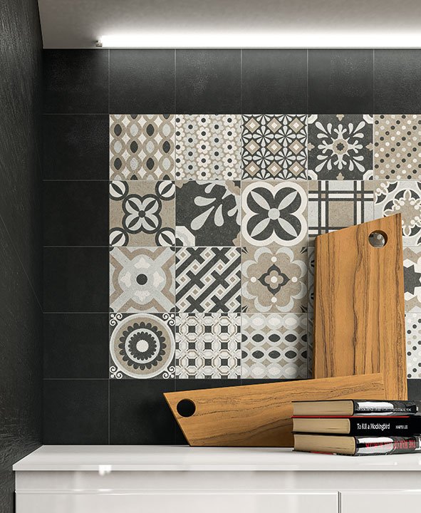 #NovaBell #Déco #Obklady a dlažby #Kuchyně #Patchwork #béžová #černá #Matná dlažba #Malý formát #1000 - 1500 Kč/m2 #new