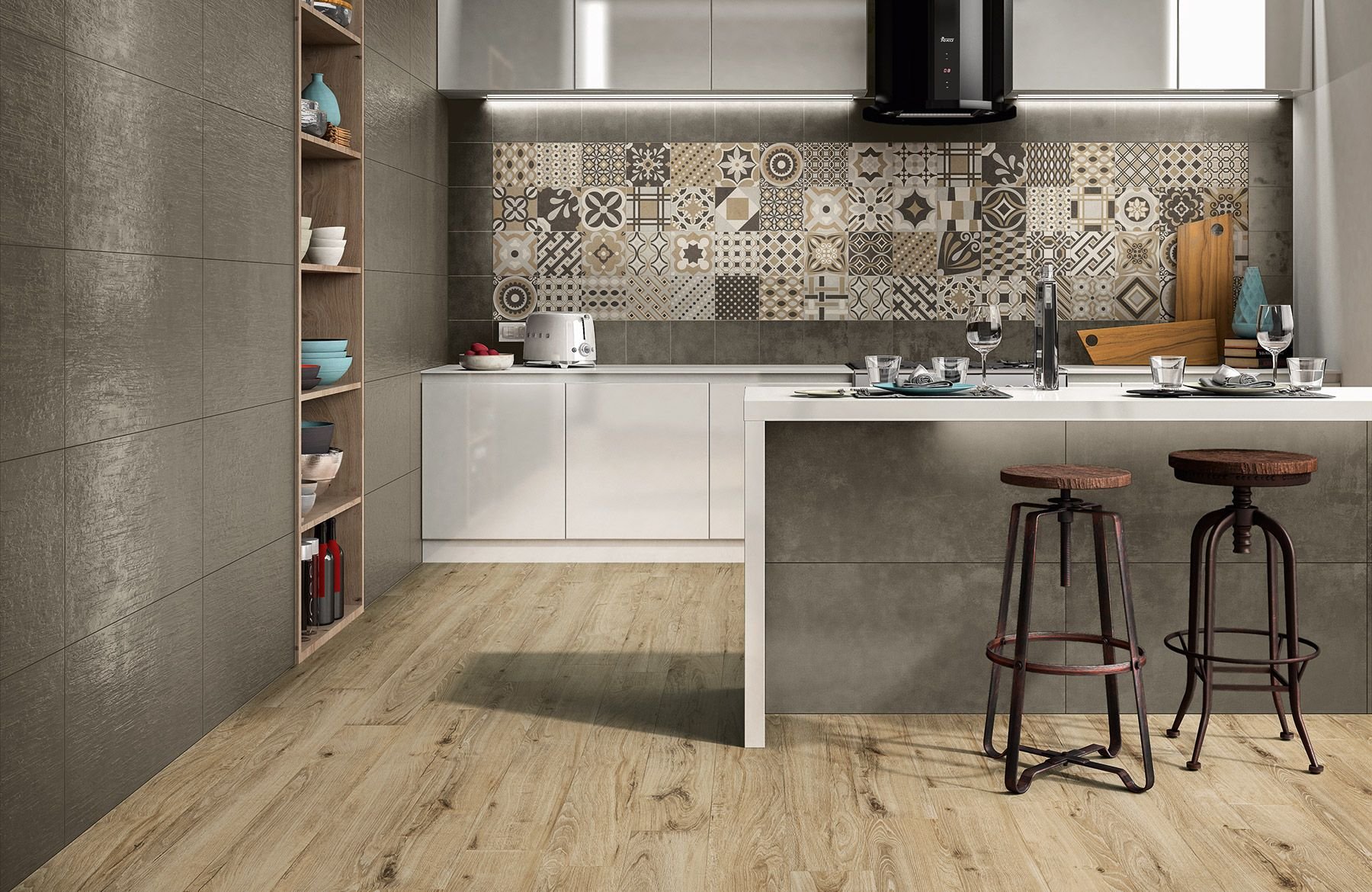 #NovaBell #Déco #Obklady a dlažby #Kuchyně #beton #dřevo #Patchwork #béžová #šedá #Matná dlažba #Malý formát #1000 - 1500 Kč/m2 #new