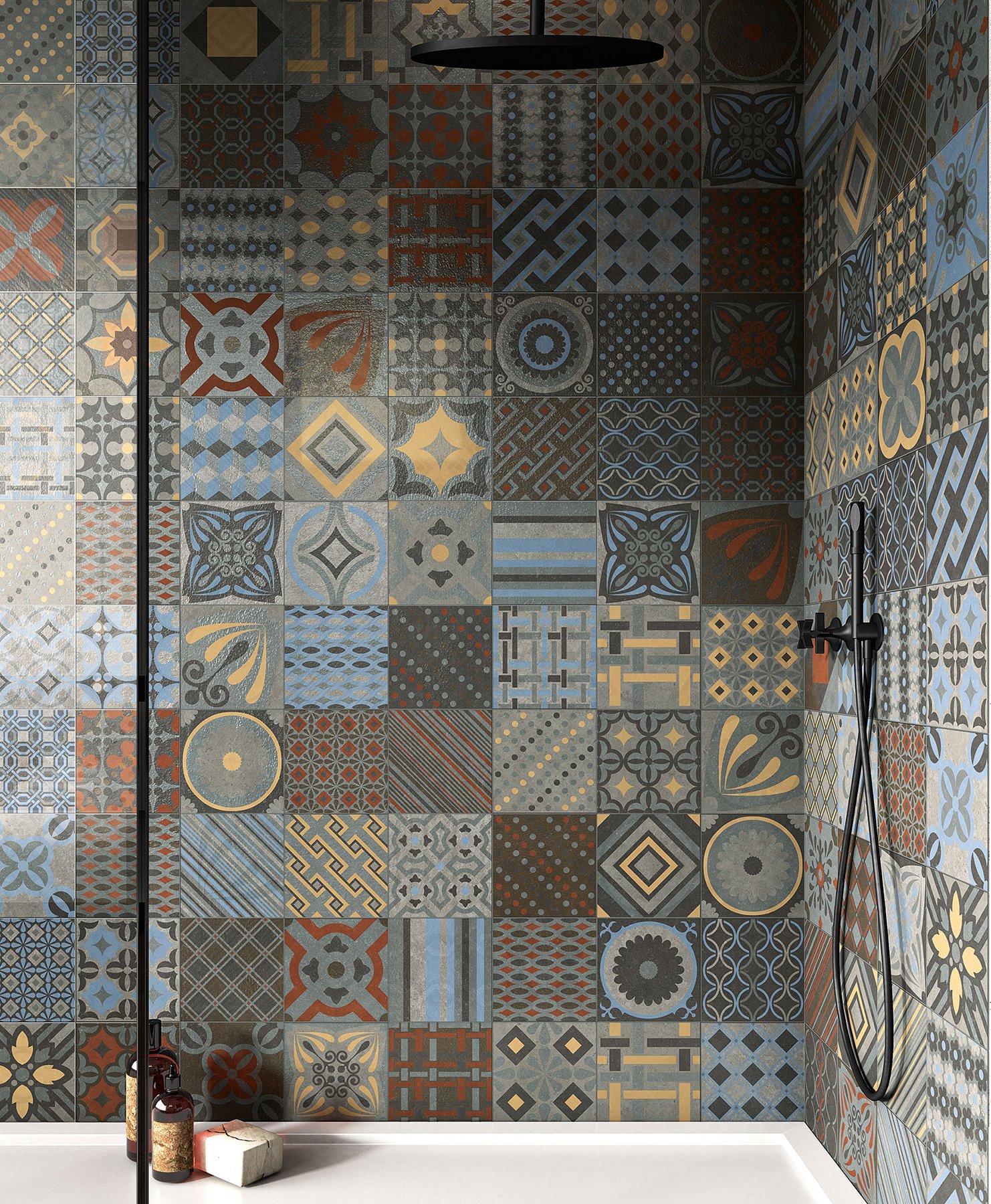 #NovaBell #Déco #Obklady a dlažby #Koupelna #Patchwork #červená #modrá #šedá #Matná dlažba #Malý formát #1000 - 1500 Kč/m2 #new