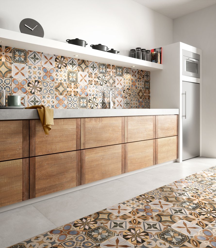 #Ceramic Design #Patchwork #Obklady a dlažby #Kuchyně #Inserta #Patchwork #Retro #béžová #bílá #modrá #šedá #Matná dlažba #Malý formát #1500 a výše #new