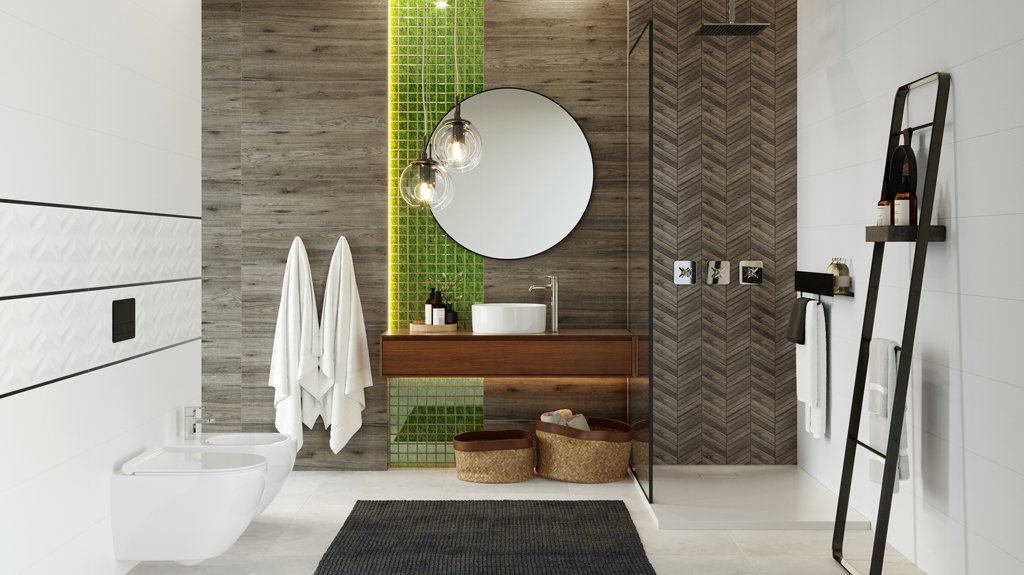 #Koupelna #Velký formát #Bez speciálních úprav - šíře spáry 2 - 6mm #350 - 500 Kč/m2 #500 - 700 Kč/m2 #Moderní styl #bílá #hnědá #Ceramika Konskie #Brennero