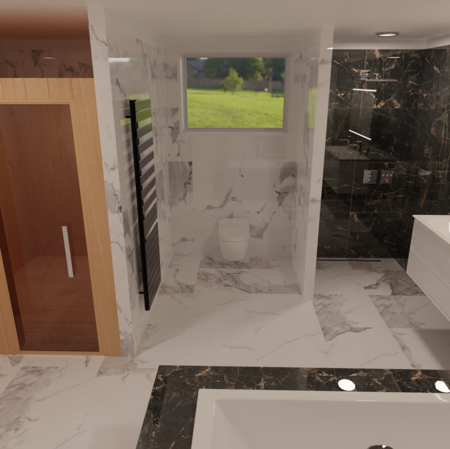 3D návrh koupelny Marquina gold a Calacatta white