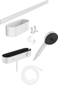 WallStoris sada: ruční sprcha 105 3jet Activation EcoSmart, termostat, nástěnná tyč 70 cm a sada pro odkládání, matná bílá