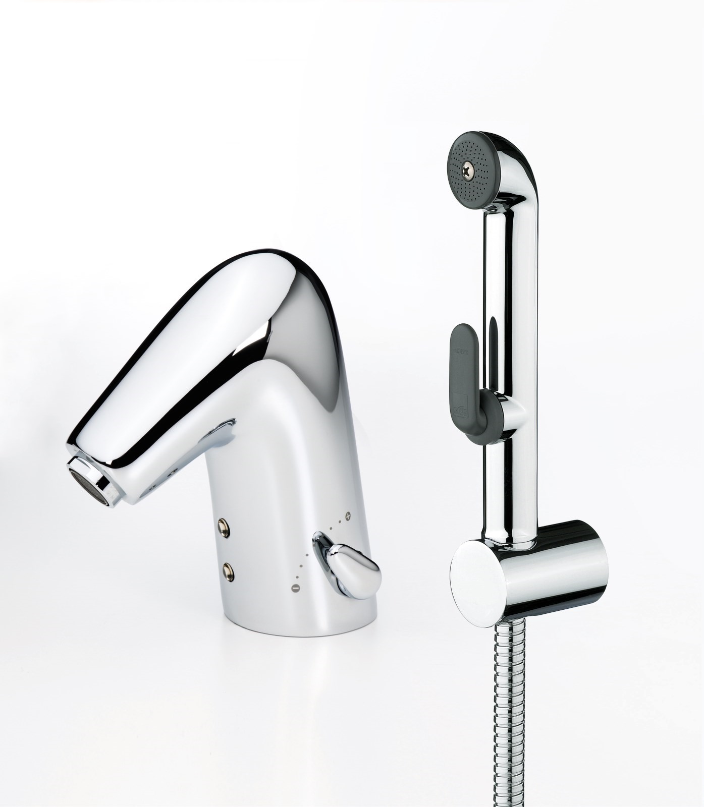 Alessi One - umyvadlová bezdotyková baterie, ruční sprška Bidetta, 6V, uzávěr odpadu