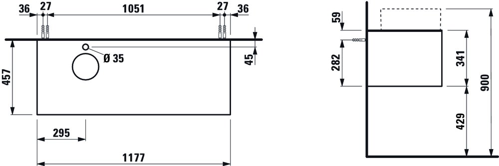 Náhled Sonar - skříňka 118x45 pod umyvadlovou mísu, 1 výřez vlevo, 1 otvor pro baterii, 1 zásuvka, bílá mat a nero marquina