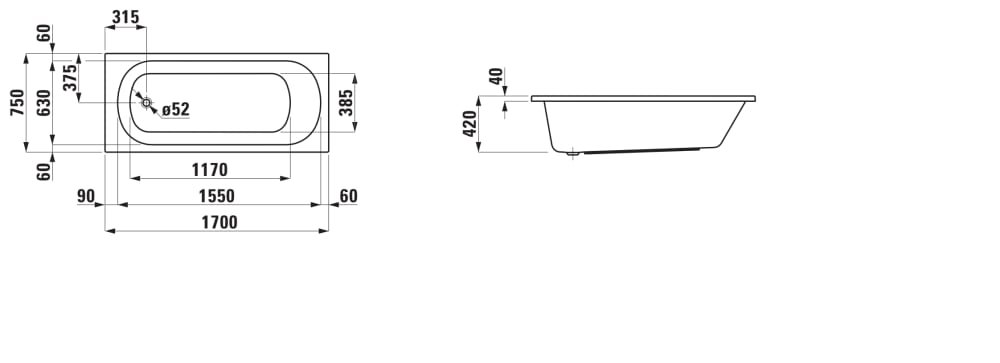Náhled Lua - vana 170x75, vestavná verze, sanitární akrylát