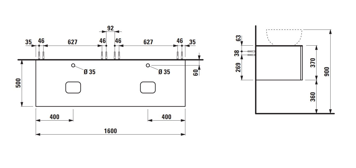 Náhled Alessi One - zásuvkový element 1600, se 2 zásuvkami, s výřezem vlevo a vpravo, top Marrone Naturale vč. otvoru pro baterii, pro umyvadla H818975/6, H818977/8, světlý dub